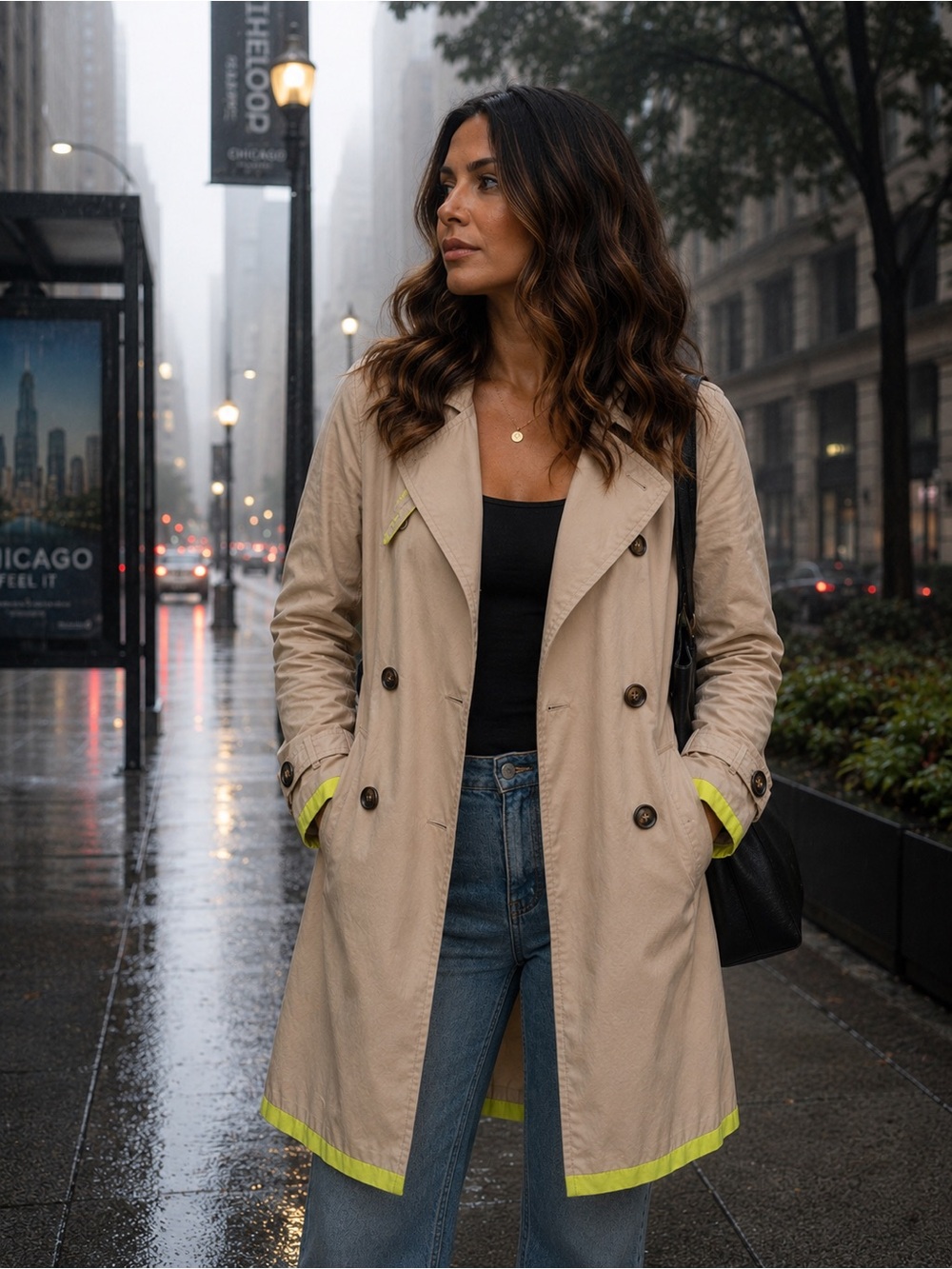 Vince Camuto Beige Trench Coat with Yellow Trim